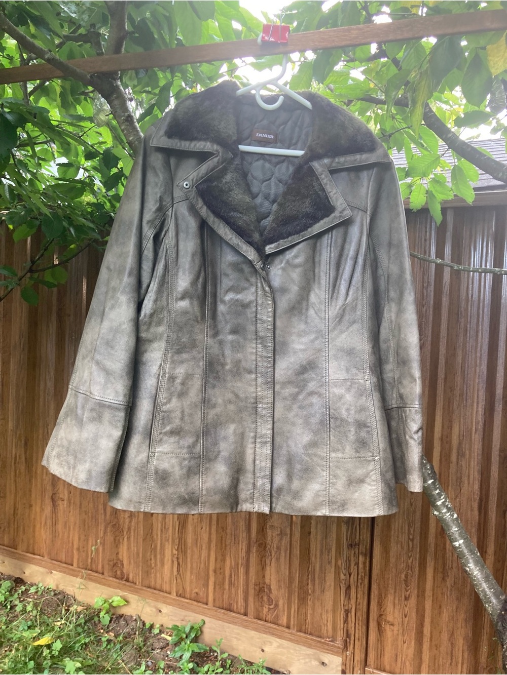 Danier Distressed Gray Leather Jacket with Dark Fur Collar